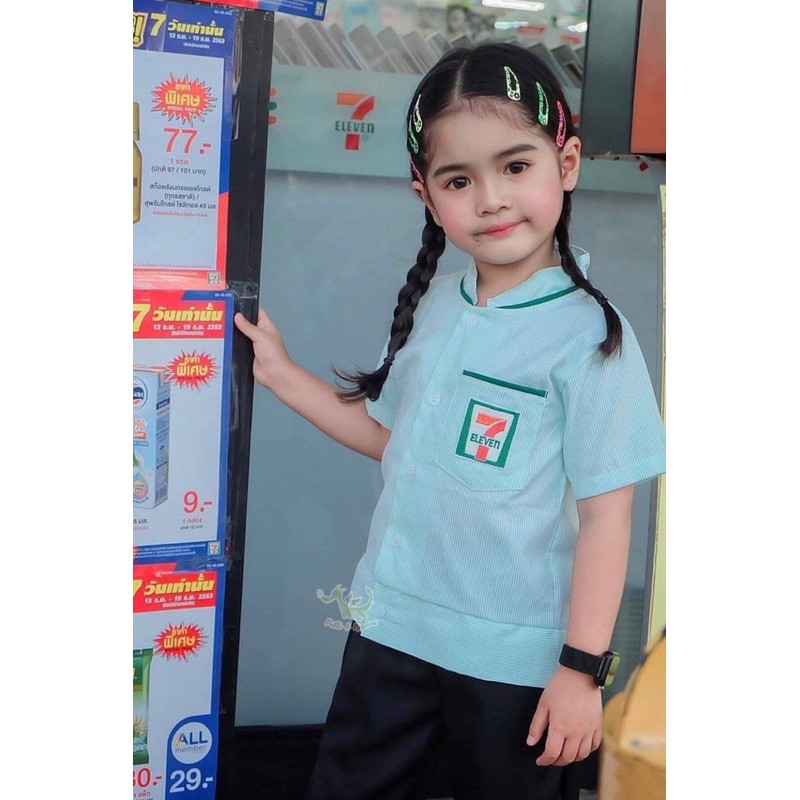 Bộ sự nghiệp trẻ em Áo sơ mi nhân viên 7-Eleven Mô hình cổ áo Trung Quốc 7-Eleven