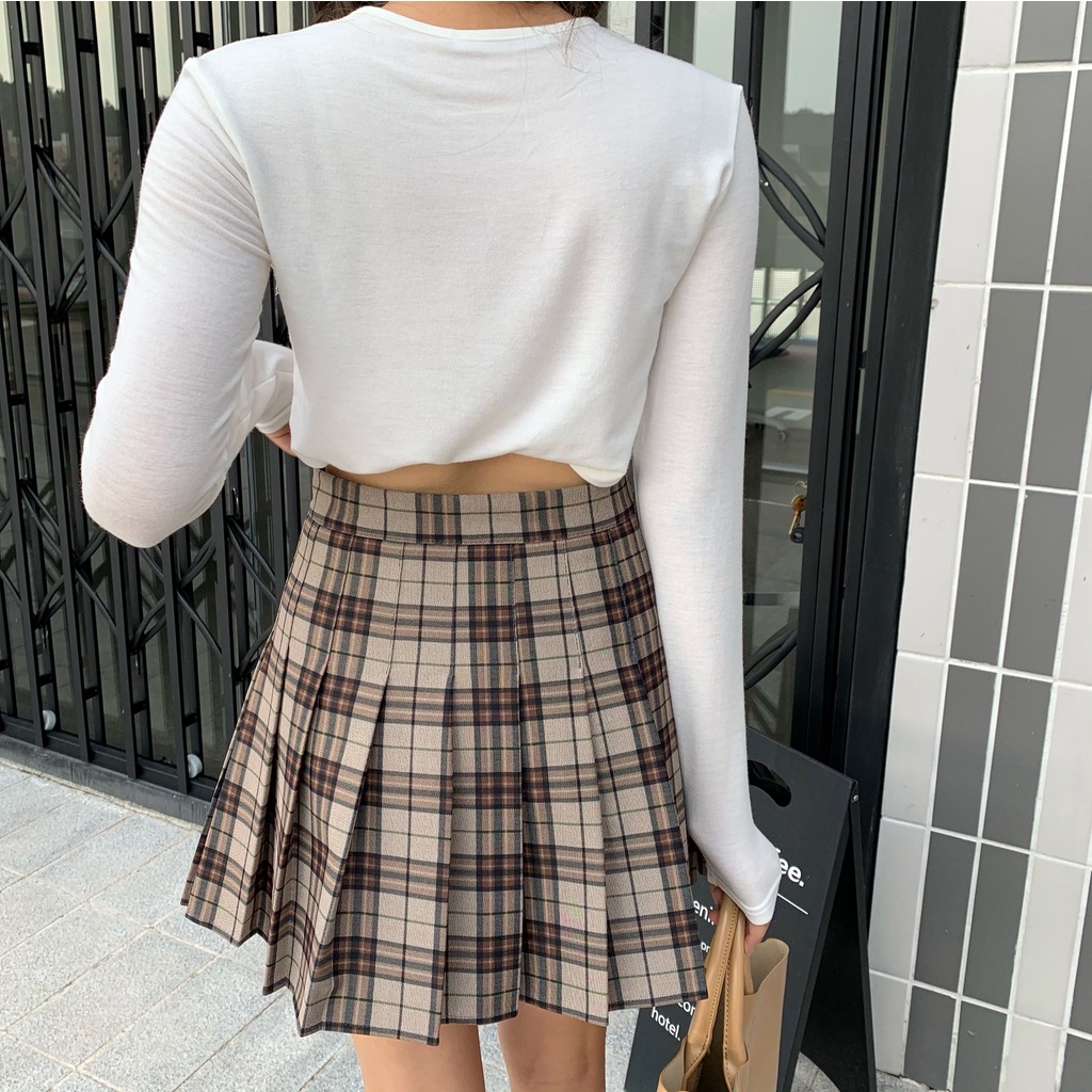 SUXI Chân Váy Chữ A Lưng Cao Họa Tiết Sọc Caro Phong Cách Hàn Quốc Cho Nữ