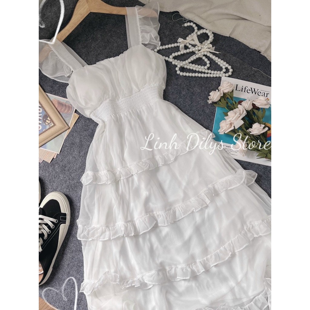 Đầm Maxi Trắng Tầng Bèo Nhún Eo 🦋FREESHIP🦋 Váy Maxi Tầng Dáng Dài Xinh Linh Dilys Store