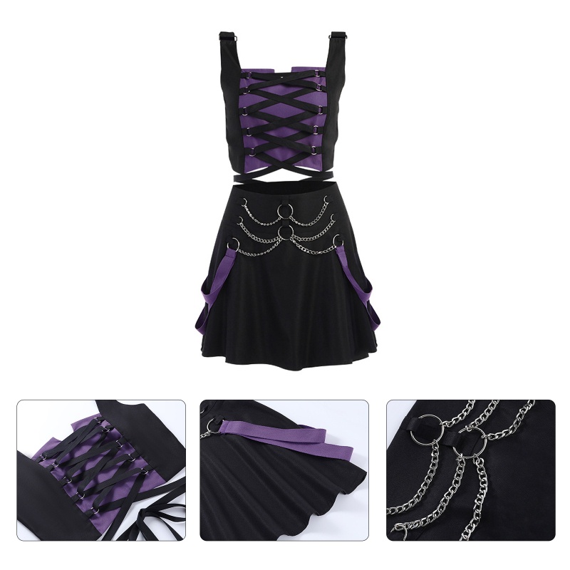 Set Áo Croptop 2 Dây Không Tay Màu Sắc Tương Phản Phối Dây Xích Kim Loại + Quần Short Lưng Cao Phong Cách Harajuku Dành Cho Nữ