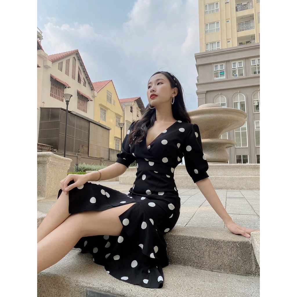 Đầm Midi thiết kế cổ V tay ngắn CQA0039 phong cách trẻ trung, hiện đại