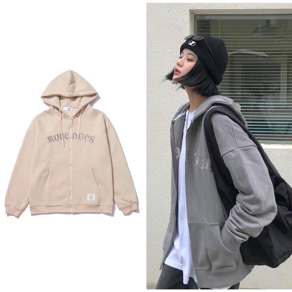 Áo khoác hoodie zip nỉ bông UNISEX nam nữ form rộng dày dặn có mũ có dây khóa kéo đen nâu ghi be