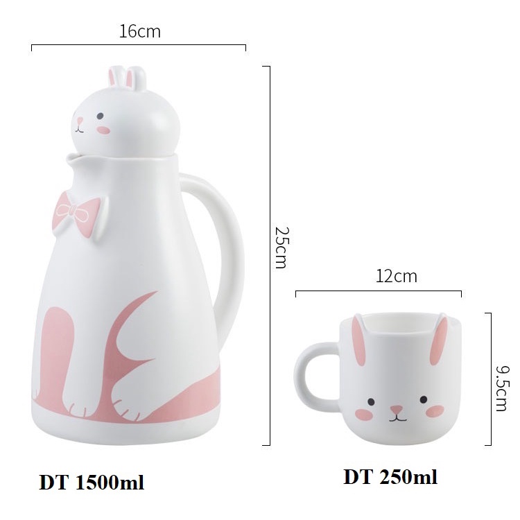 Bộ ấm cốc sứ thỏ hồng xinh xắn, bình uống nước cute: 7.6