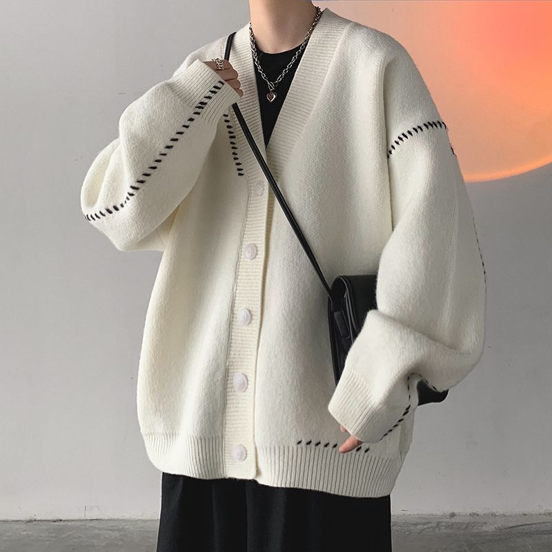 Áo Khoác Cardigan Tay Dài Cổ Chữ V Phong Cách Retro Nhật Bản Cho Nam