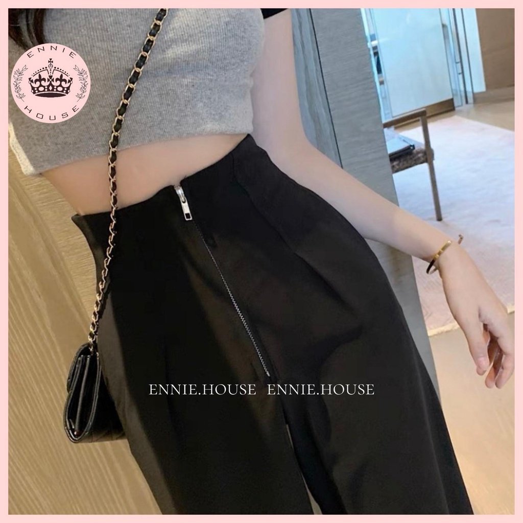 Quần Ống Rộng Culottes Nữ Ennie Cạp Cao Trắng Đen Có Khóa Trước Đứng Dáng Suông Chất Liệu NA004