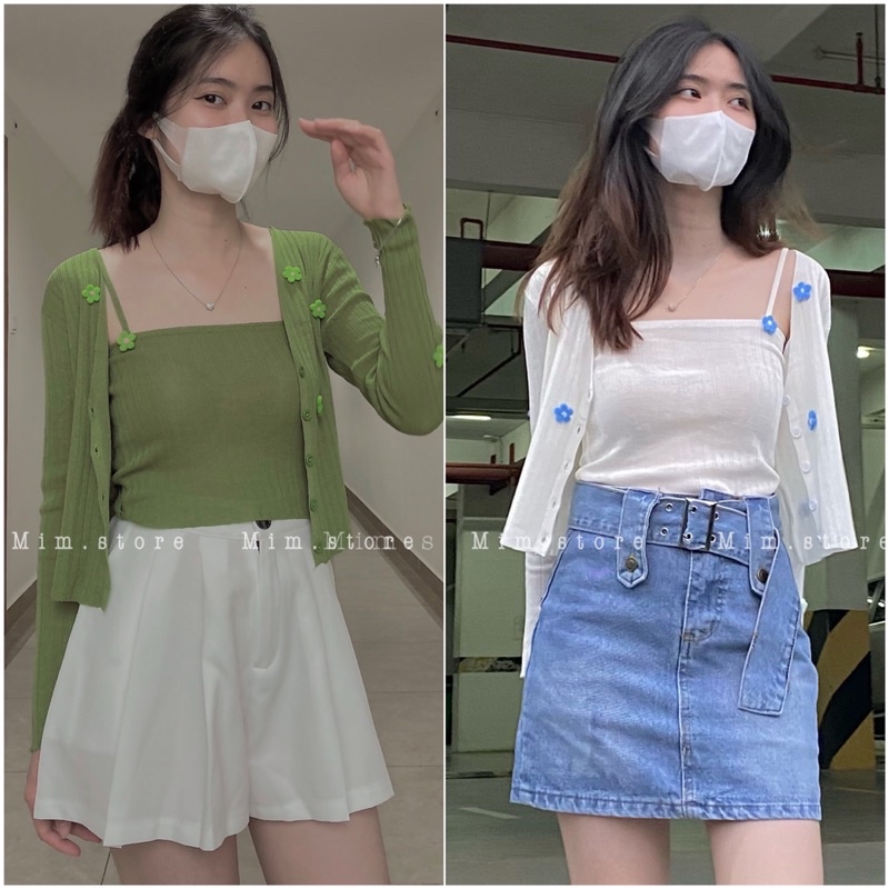 Set áo 2 dây len mỏng + áo khoác cadigan đính hoa nổi