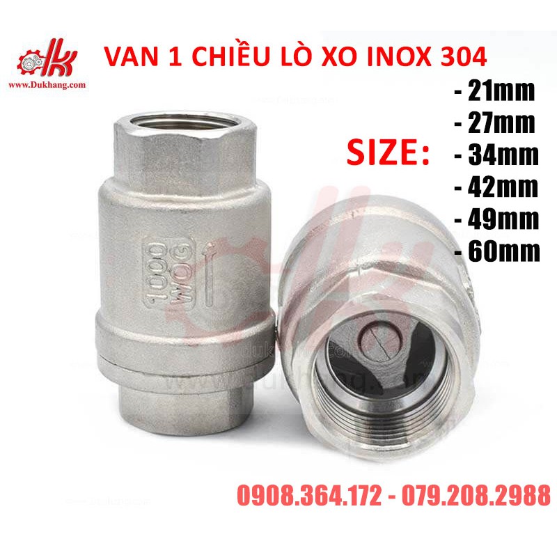 VAN 1 CHIỀU LÒ XO INOX 304 REN 21/27/34/42/49/60