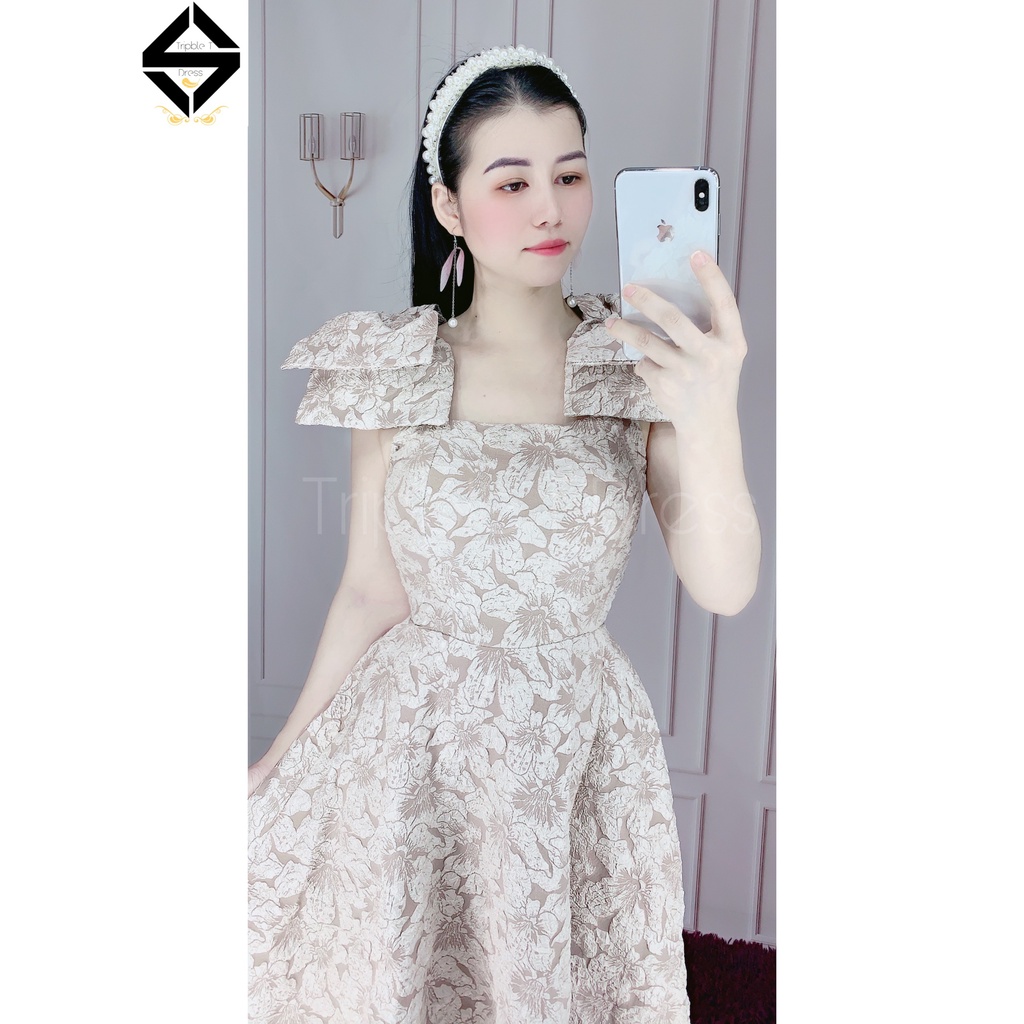 Đầm xoè dự tiệc nơ vai sang chất gấm xốp vân hoa nổi sang trọng TRIPBLE T DRESS - size M/L - MS226V
