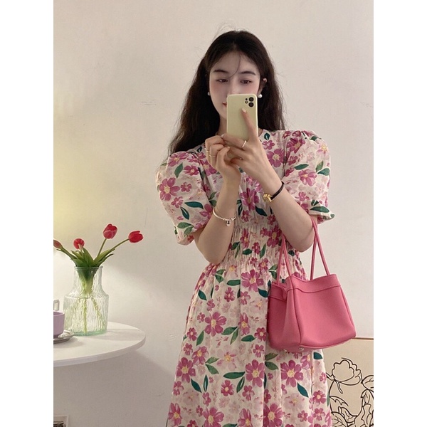 Váy hoa nhí cổ tròn tay phồng chun eo dáng dài phong cách vintage Linzstore V1653