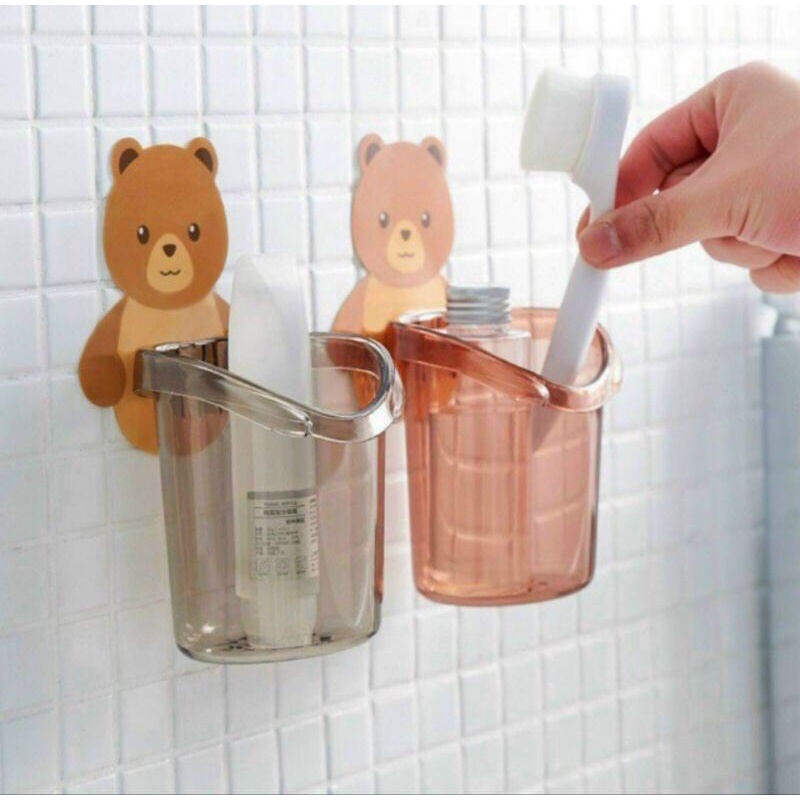 Kệ dán phòng tắm đựng kem đánh răng, bàn chải đánh răng hình gấu dễ thương.