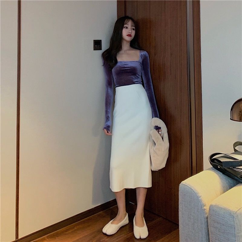 Áo Thun Nhung Tay Dài Cổ Vuông Phong Cách Retro Thời Trang Thu Đông Cho Nữ