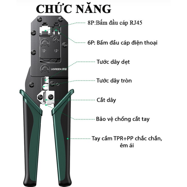 Kìm bấm mạng RJ45+RJ11 Ugreen 70683 NW136 Chính hãng Cat5/Cat6 NW136 ( kèm thêm lưởi cắt dự phòng)