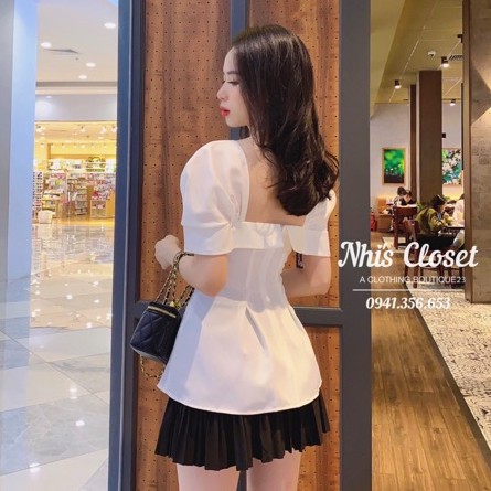 Áo peplum cổ vuông tay đúp phồng (Ảnh chụp thật)