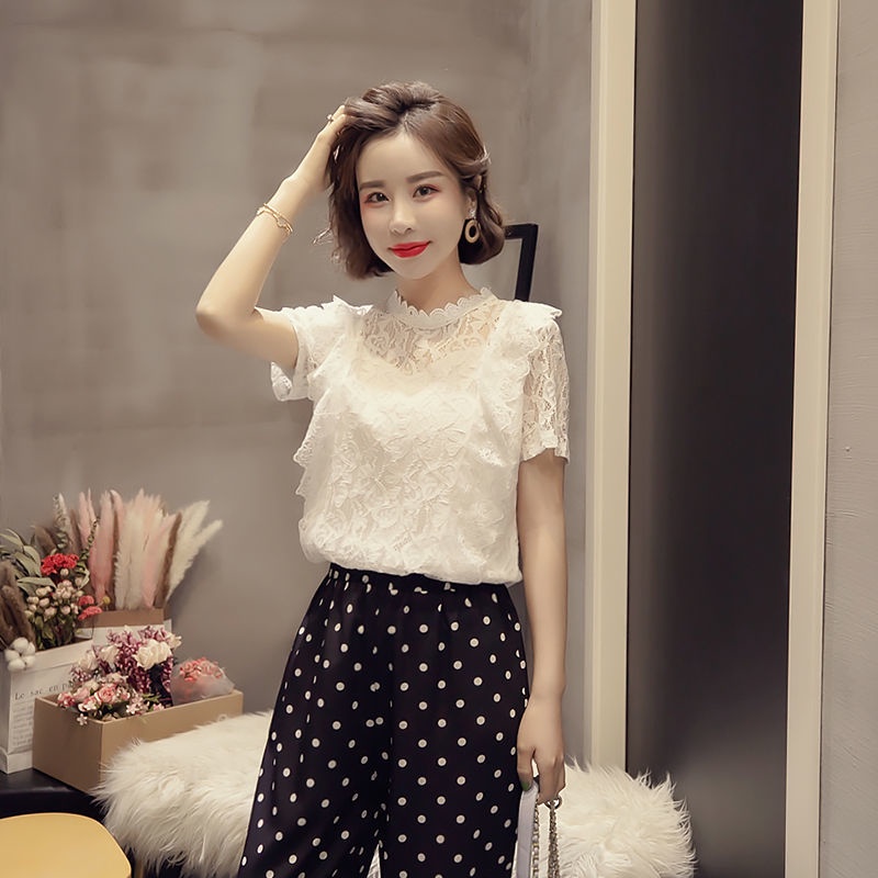 Áo Thun Tay Ngắn Phối Ren Dáng Rộng Che Khéo Bụng Thiết Kế Đục Lỗ Thời Trang Cho Nữ