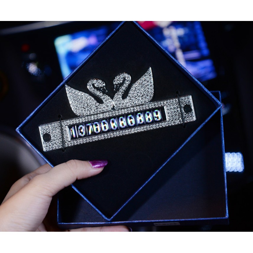 Bảng Số Điện đính đá 2 thiên nga sang trọng- thẻ ghi số điện thoại có hít nhựa gắn kính xe ô tô