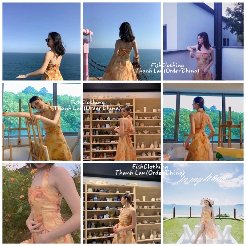 K SẴN🎀Đầm maxi voan công chúa cổ yếm cam xoè dài hở lưng hoa nhí đan dây tiểu thư vintage retro kiểu Pháp đi biển sexy | BigBuy360 - bigbuy360.vn