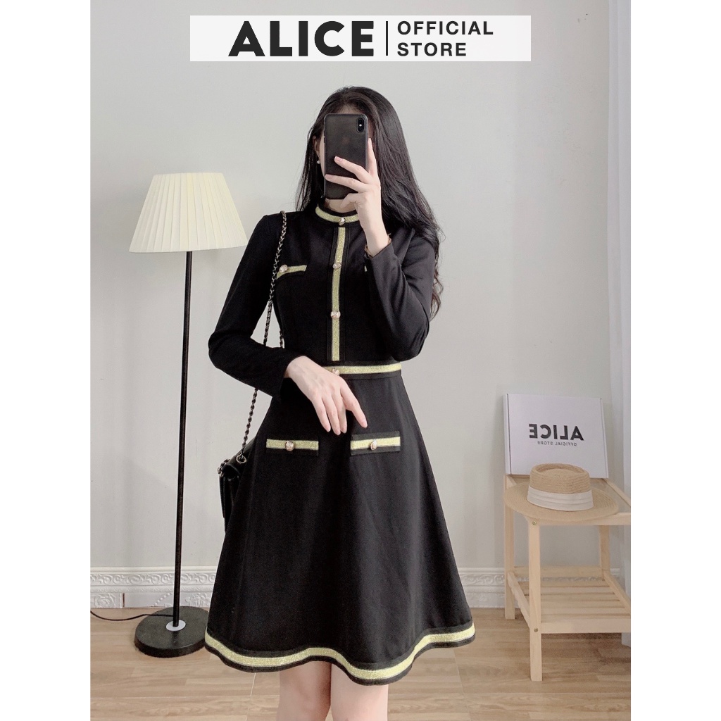 Váy Tiểu Thư Dáng Xòe ALICE V721, Thiết Kế Bo Eo Tôn Dáng Phối Dây Viền Nhũ Vàng Thanh Lịch