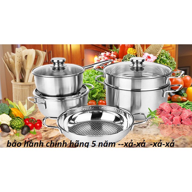 [Xả Kho -Hàng Chính Hãng] Bộ Nồi Chảo 5 Món Inox Fivestar Nắp Kính