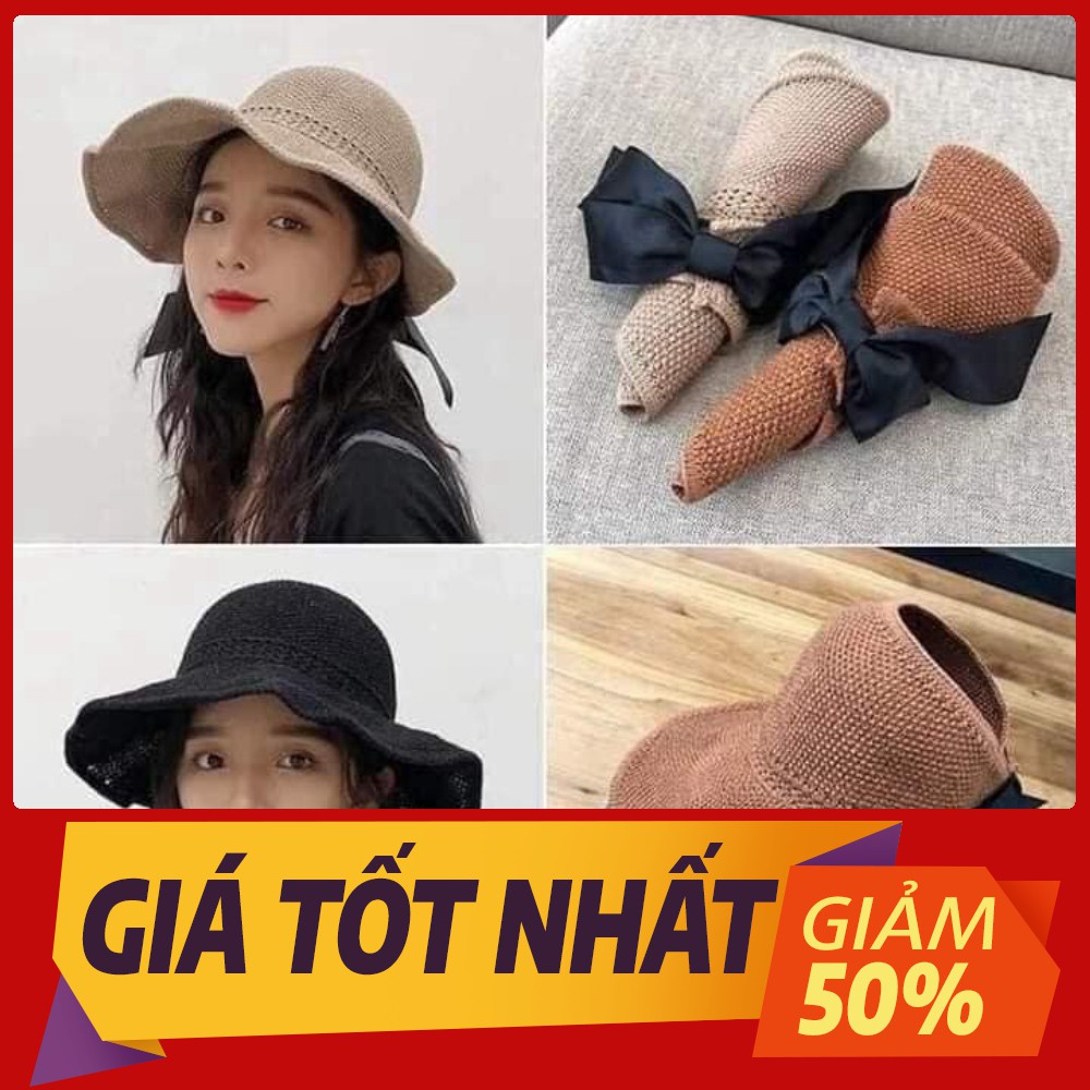 [Sale toàn shop] Mũ cói hở đầu đính nơ sau