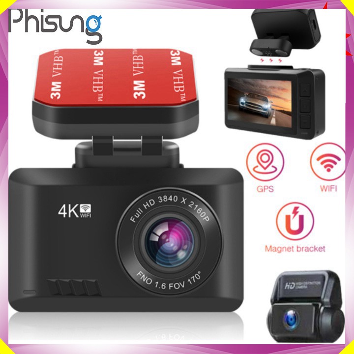 Camera hành trình ô tô thương hiệu cao cấp Phisung 4K, Wifi, 2.45 inch - Mã: G3 - Hàng Nhập Khẩu Chính Hãng