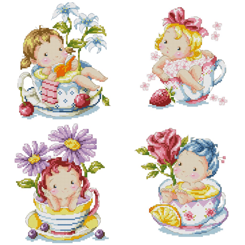 Tranh thêu chữ thập không in màu trên vải - mẫu soda em bé trong ly - xartshop