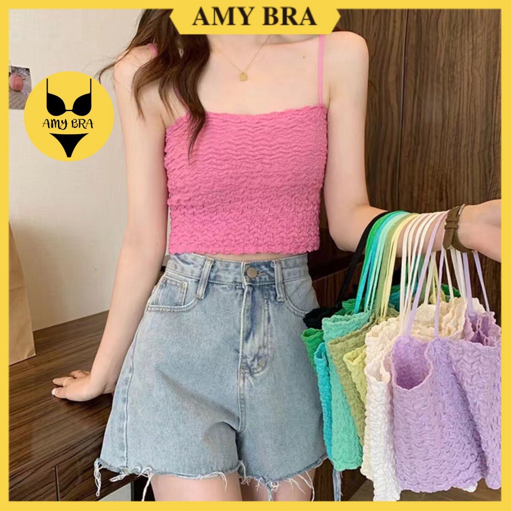 Áo Bra Nữ 2 Dây Chất Cotton Dập Li, Bra Dáng Lửng Có Mút Mỏng Cá Tính AMYBRA B8686