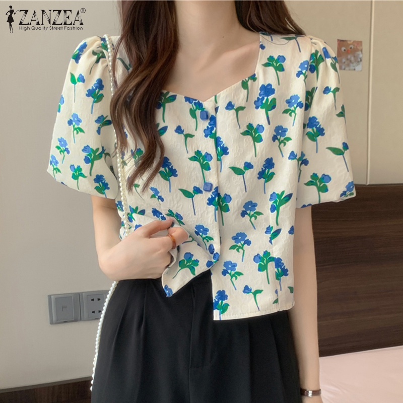 Áo kiểu ZANZEA cổ vuông tay phồng in họa tiết hoa phong cách Hàn Quốc thời trang cho nữ
