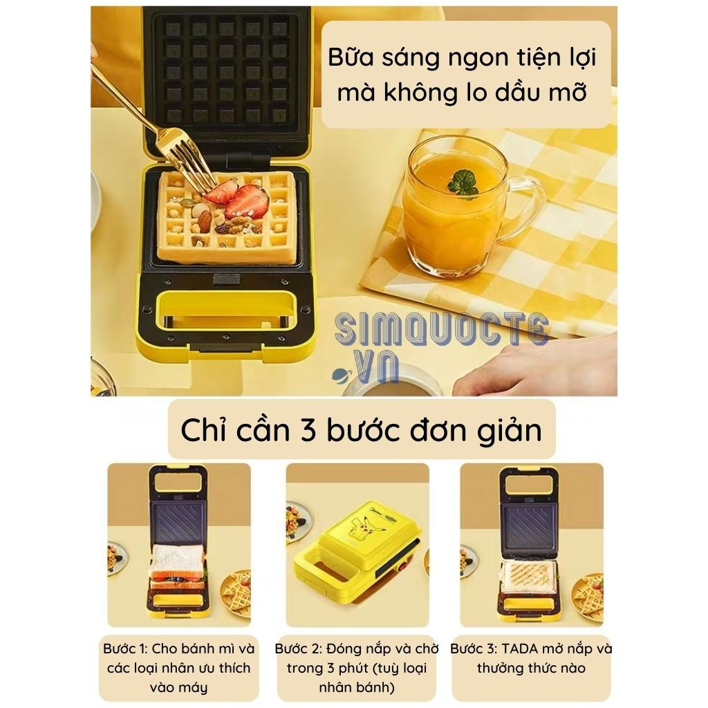 Máy kẹp nướng bánh mì sandwich kèm khuôn đá chống dính Pikachu - Hàng Chính Hãng Media