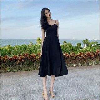 [Ảnh thật] Đầm maxi đen 2 dây đan dây lưng vintage