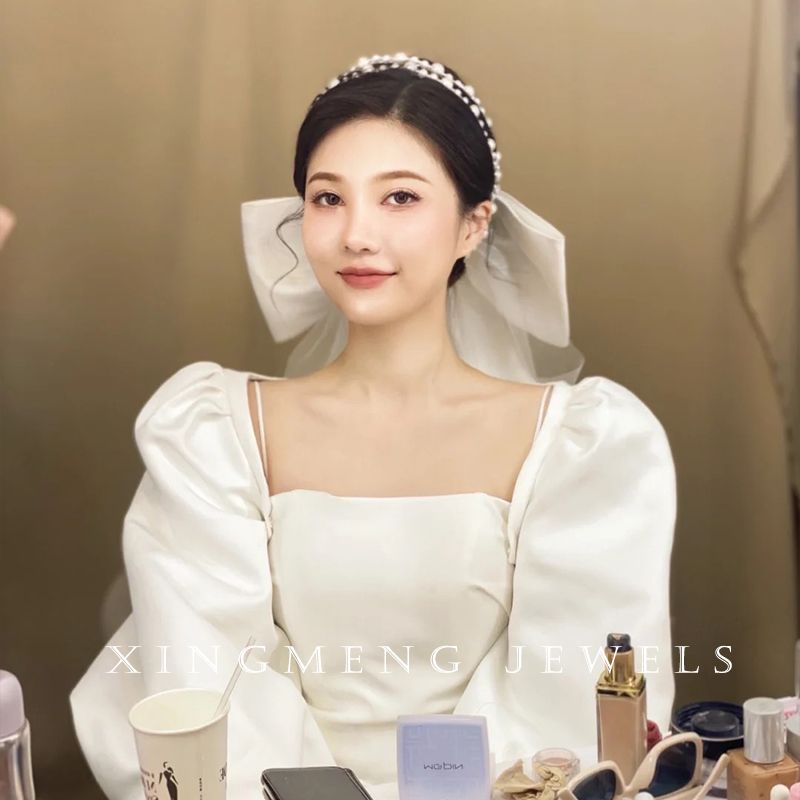 [Aishang Xinh Đẹp] Băng Đô Đính Ngọc Trai Và Nơ Cài Tóc Cô Dâu Trong Ngày Cưới Siêu Xiansen