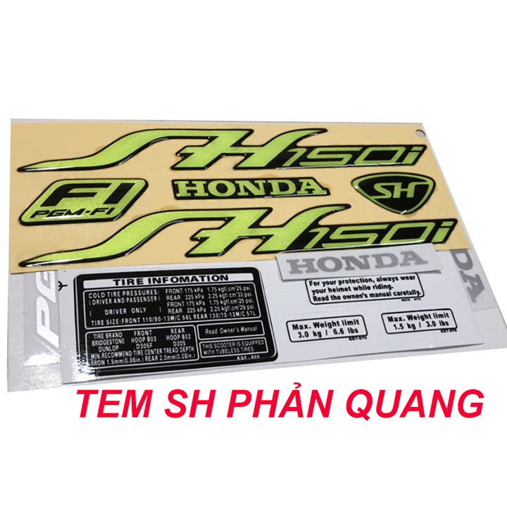 BỘ TEM XE SH 150 + THÔNG SỐ - VÀNG PHẢN QUANG