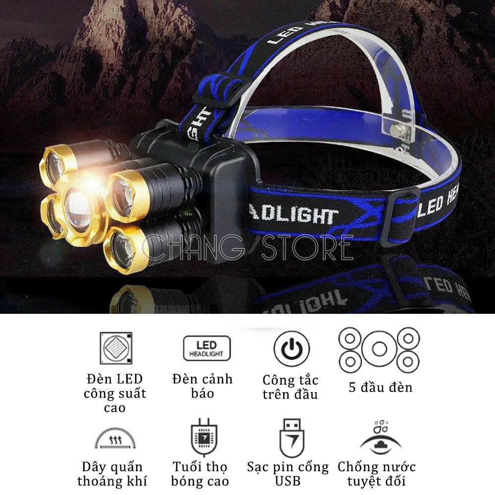 Đèn Pin Đội Đầu 5 Mắt Siêu Sáng Loại Bóng To Tặng Kèm Dây Cáp Sạc - Đèn Pin 5 Bóng 4 Chệ Độ Sáng Linh Hoạt Chống Nước