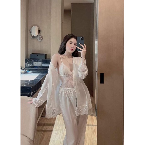 Pijama hàng thiết kế họa tiết sexy phối ren kèm khoác choàng vải lụa xước Tô Châu cao cấp.Ảnh shop chụp thật ở cuối bài