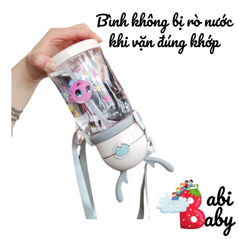 Bình nước học sinh 550ml chịu nhiệt nắp bật có dây đeo tiện dụng an toàn cho bé đi học hình hươu đáng yêu