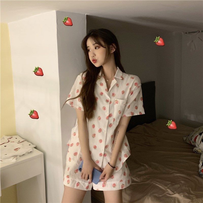 Bộ đồ ngủ ngắn tay in họa tiết dễ thương phong cách Hàn Quốc thời trang cho nữ