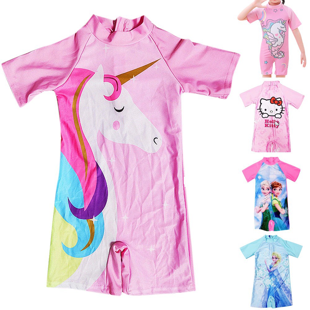 Unicorn Frozen Trẻ em Cô gái Một mảnh Áo tắm Áo tắm Ngắn tay Trẻ em Phim hoạt hình Đồ bơi