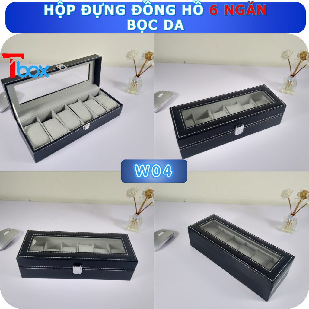 Hộp đựng đồng hồ 6 ngăn bằng da mặt trên kính để trưng bày đồng hồ