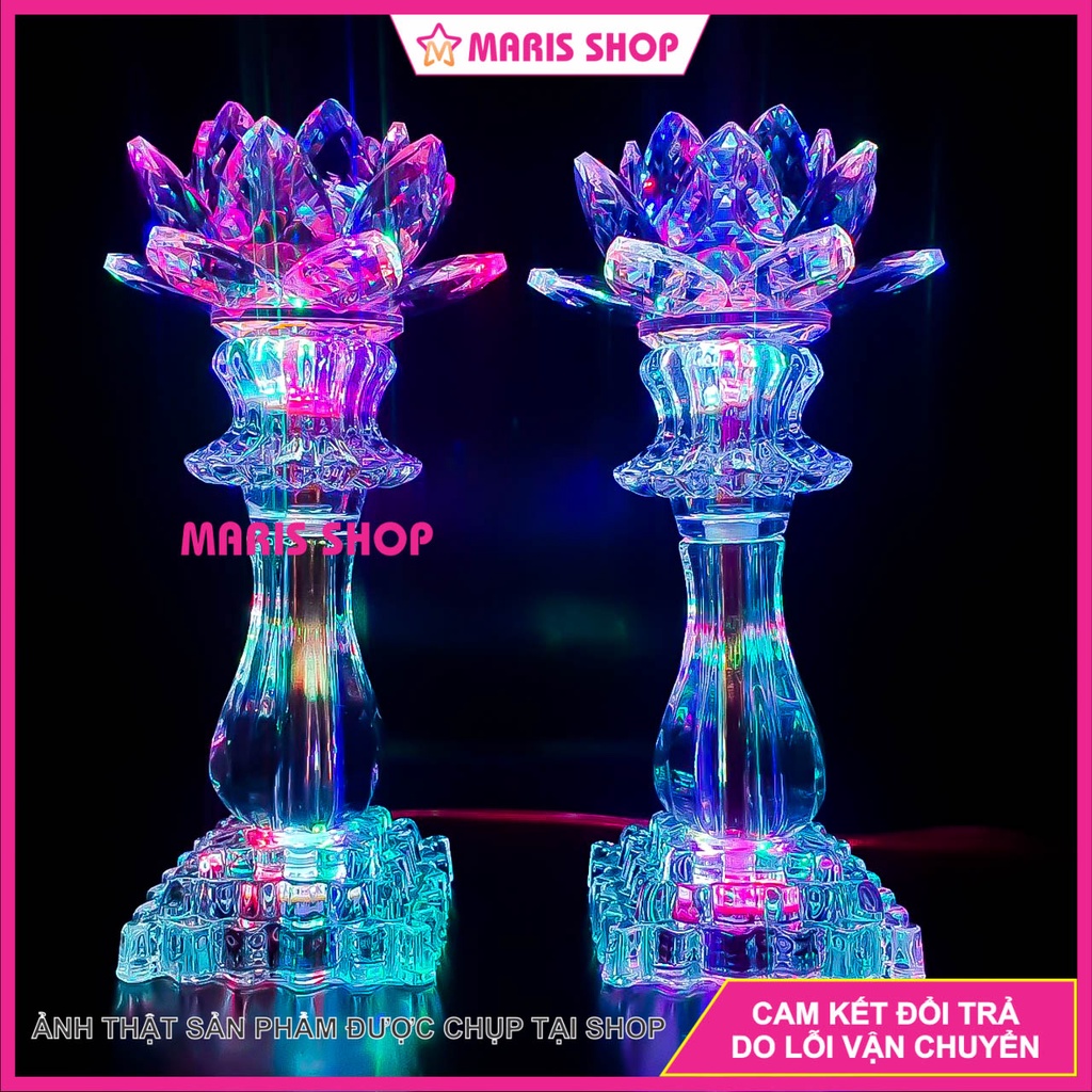 Đèn Bàn Thờ Sen PHA LÊ Cao Cấp Nguyên Khối Phát Sáng Toàn Thân Cao 26cm Sử Dụng Mạch LED Cao Cấp