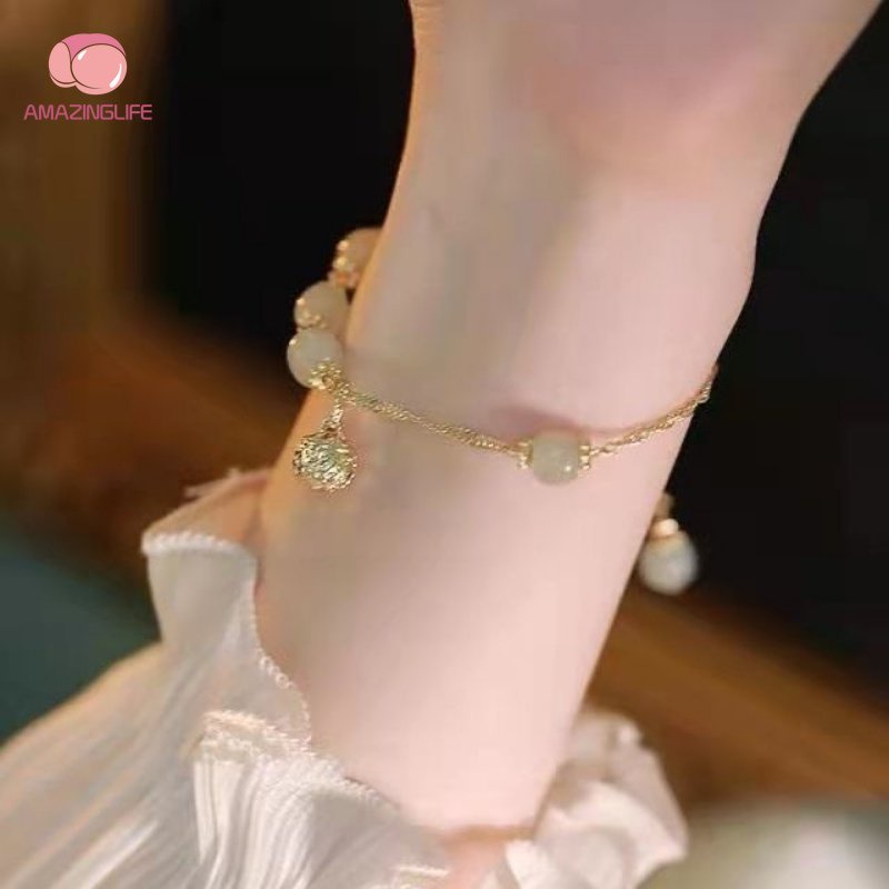 Vòng Tay Hạt Đá Ngọc Bích Nhân Tạo Phong Cách Trung Hoa / Mặt Dây Hình Chuông May Mắn Dễ Phối Đồ Dành Cho Nữ