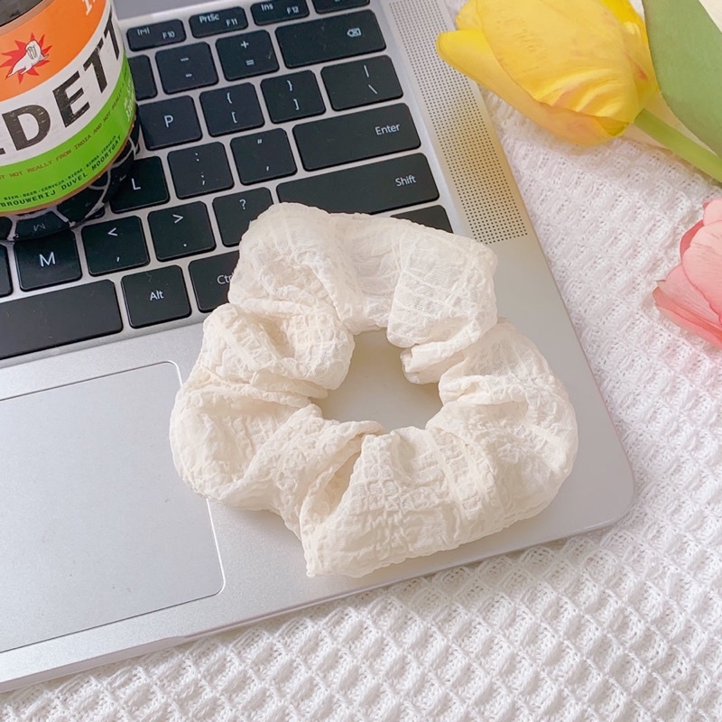 Dây buộc tóc Scrunchies vải đũi xốp trơn nhiều màu phong cách hàn quốc cho nữ
