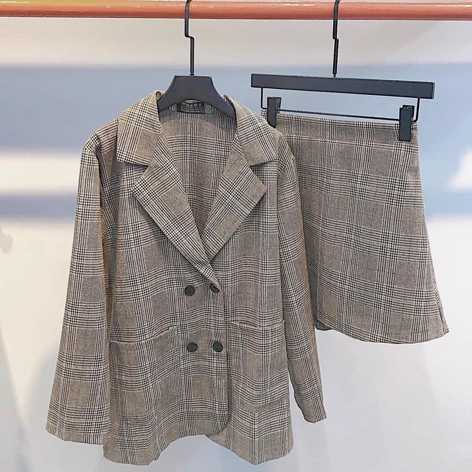 Set caro blazer (gồm áo vest + chân váy) CARO YAYSHOP cá tính năng động (hình thật )