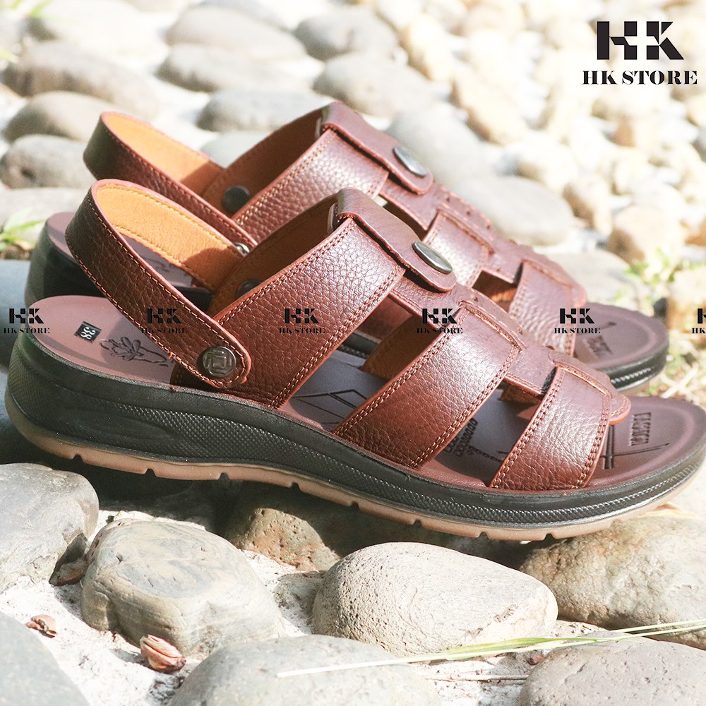 Dép sandal nam trung niên  HK.STORE  da bò kết hợp đế kếp cao 3,5cm khâu may chân quai công nghệ 2021 siêu chắc chắn