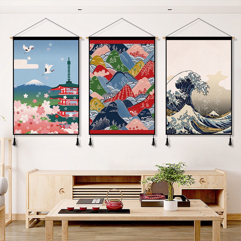 Phong cách Nhật Bản Ukiyo-e vải nghệ thuật treo tranh nền tường trang trí phòng ăn hộp đồng hồ che thảm <