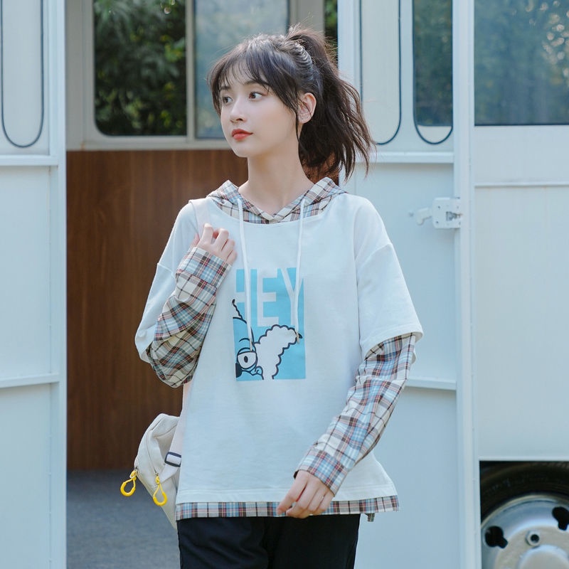 Áo hoodie liền mũ dài tay mẫu mới, áo ghép hai mảnh giả kẻ sọc kiểu Hàn Quốc rộng rãi cho nữ mùa thu