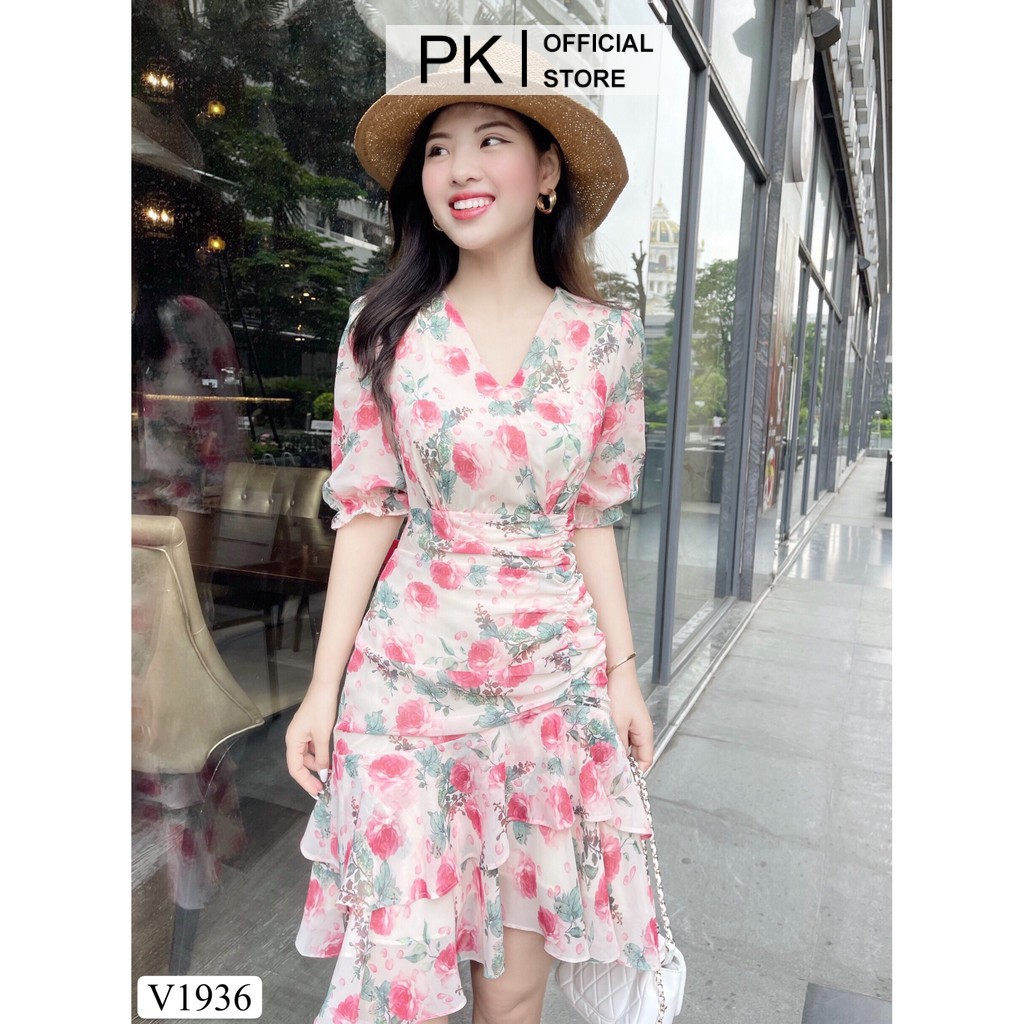 Đầm Thiết Kế Dáng Suông Hoa Cổ V V1936, Váy Suông Hoa Thiết Kế - PK Official Store
