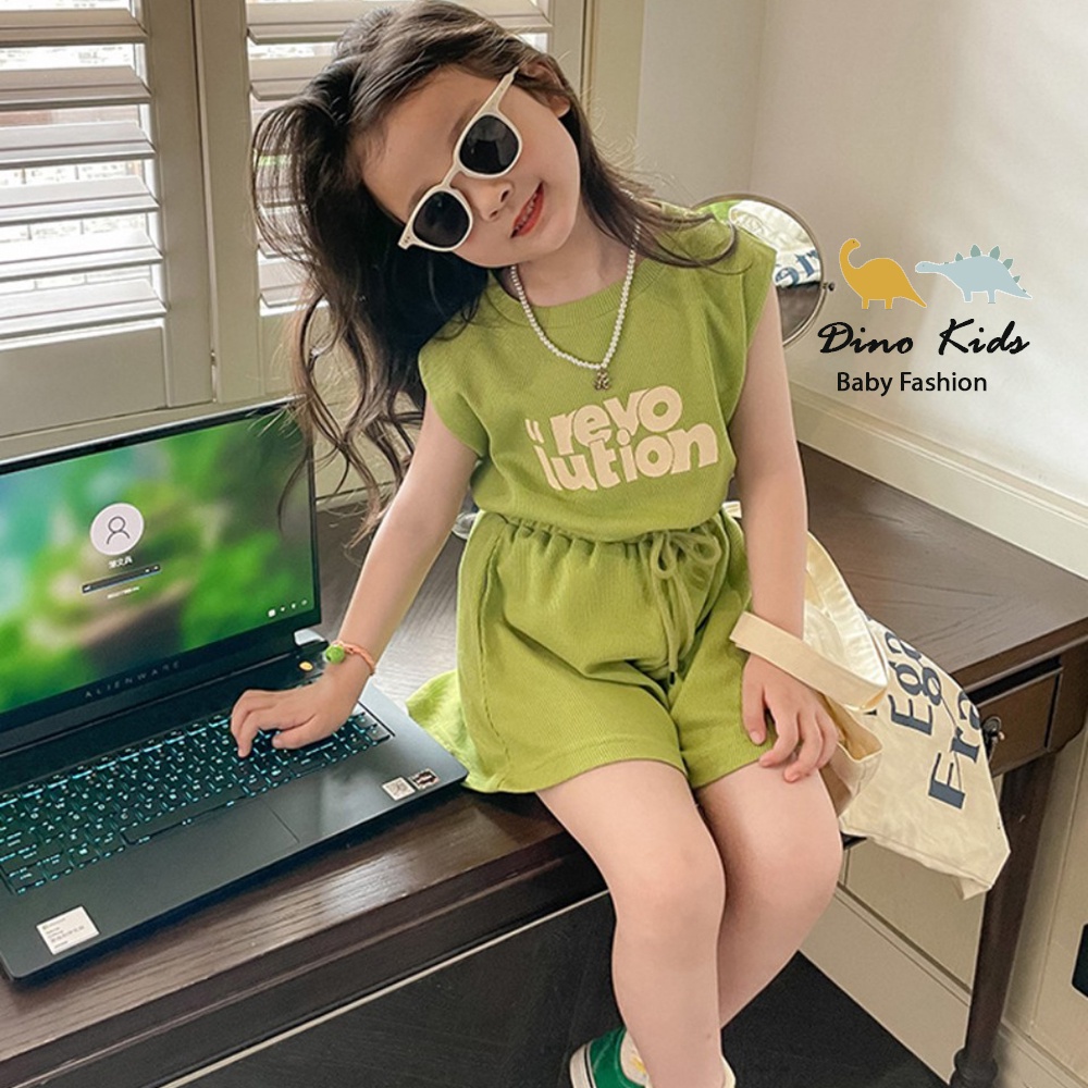 Bộ ba lỗ bé gái kiểu dáng Hàn Quốc, set bộ quần áo chất tổ ong cánh rơi họa tiết REVO cho bé