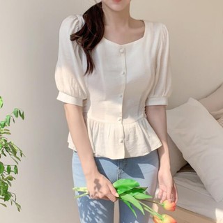 Áo Kiểu Cổ Vuông Tay Phồng Cột Dây Eo Thời Trang Hàn Quốc Thanh Lịch 35206