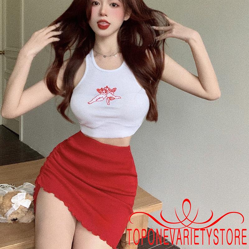 One Set Áo Lửng 2 Dây + Chân Váy Rút Thời Trang Nữ
