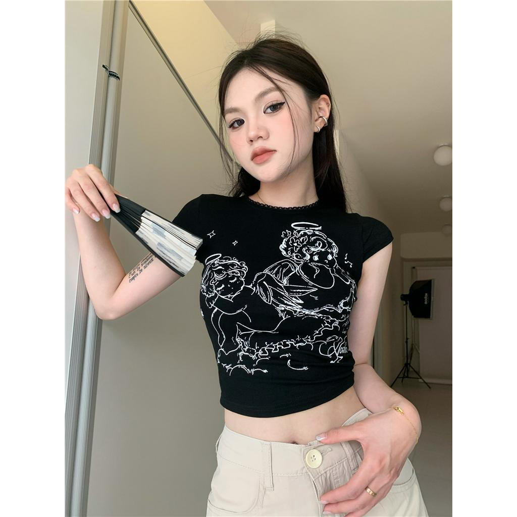 63002 Retro Mùa Hè Mỏng Vừa Vặn Cô Gái Truyện Tranh In Áo Ngắn