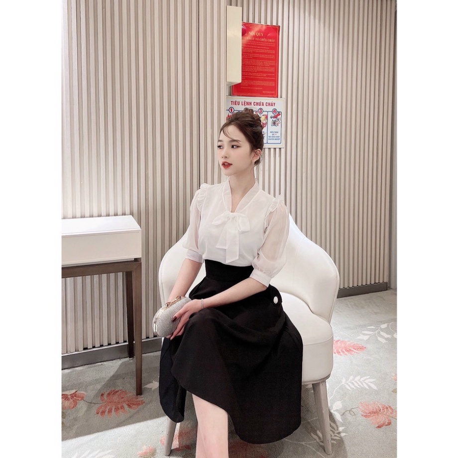 [ Loại 1] Áo sơ mi nữ kiểu cổ thắt nơ trẻ trung, Chất lụa phối, tay áo lỡ đẹp